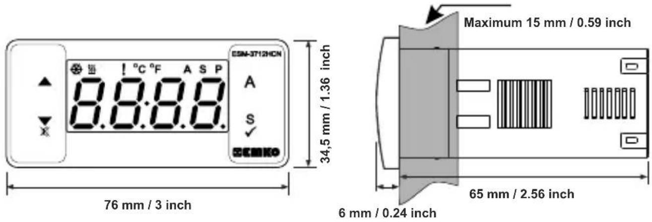 Emko ESM-3712-HCN - Vorderansicht und Abmessungen des Temperaturreglers ESM-3712-HCN - 1