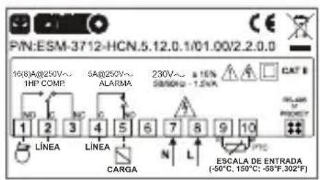Emko ESM-3712-HCN - Etiqueta del dispositivo y diagrama de conexión - 1