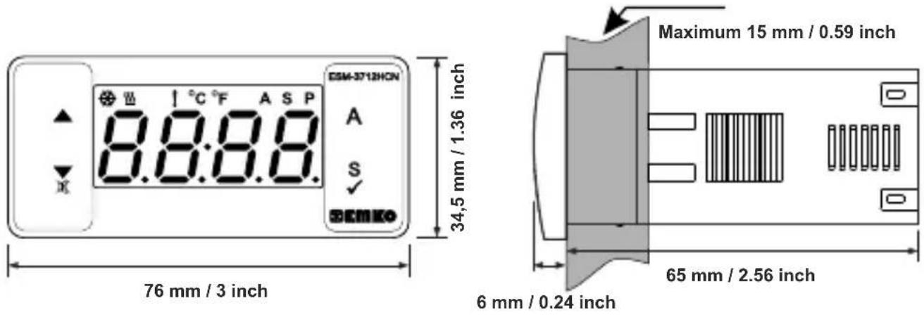 Emko ESM-3712-HCN - Front View and Dimensions of ESM-3712-HCN Temperature Controller - 1