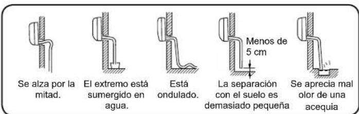 Se alza por la mitad. El extremo está sumergido en agua. Está ondulado. Menos de 5 cm La separación con el suelo es demasiado pequeña Se aprecia mal olor de una acequia