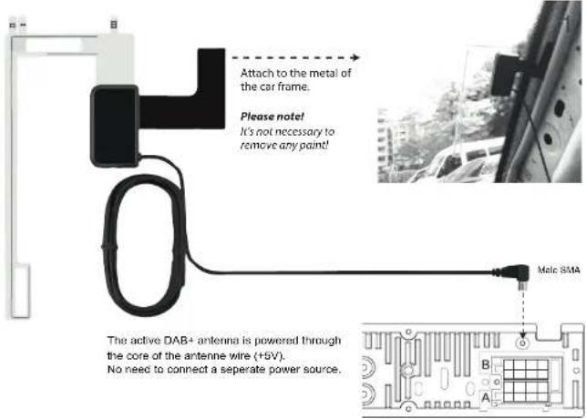 Attach to the metal of the car frame. Please note! It's not necessary to remove any paint! Male BMA The active DAB+ antenna is powered through the core of the antenna wire (+5V). No need to connect a separate power source.