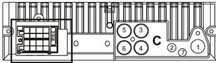 Technical diagram of an electronic device rear panel with labeled components and a grid box inset