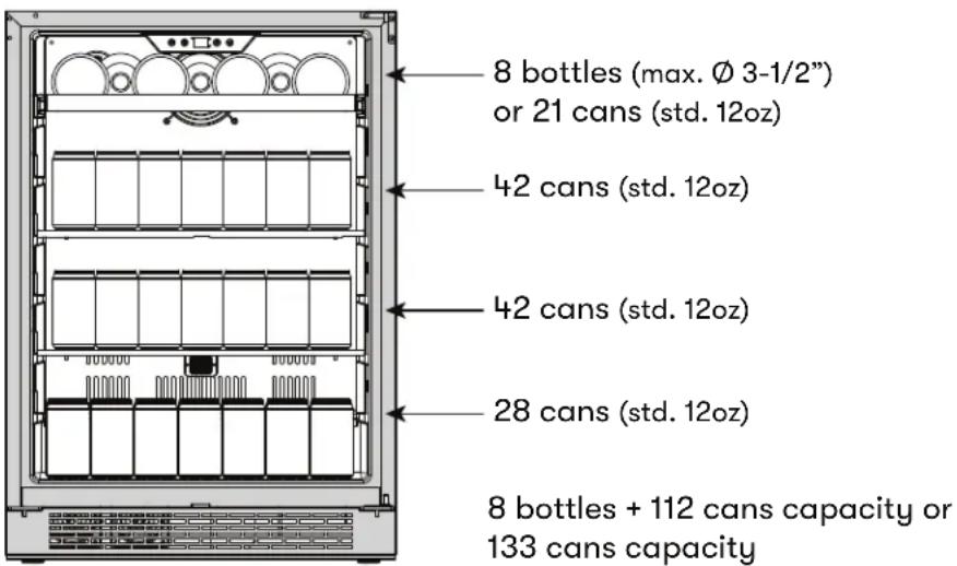 8 bottles (max. Ø 3-1/2") or 21 cans (std. 12oz) 42 cans (std. 12oz) 42 cans (std. 12oz) 28 cans (std. 12oz) 8 bottles + 112 cans capacity or 133 cans capacity