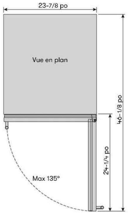 23-7/8 po Vue en plan 46-1/8 po Max 135° 24-1/4 po