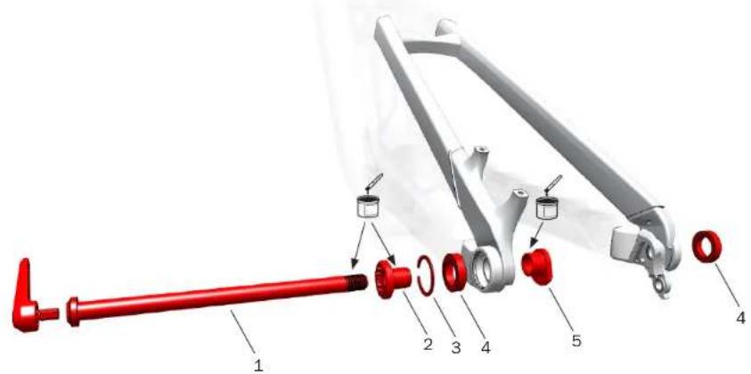 Exploded view diagram of a mechanical linkage assembly with numbered parts labeled 1 to 5