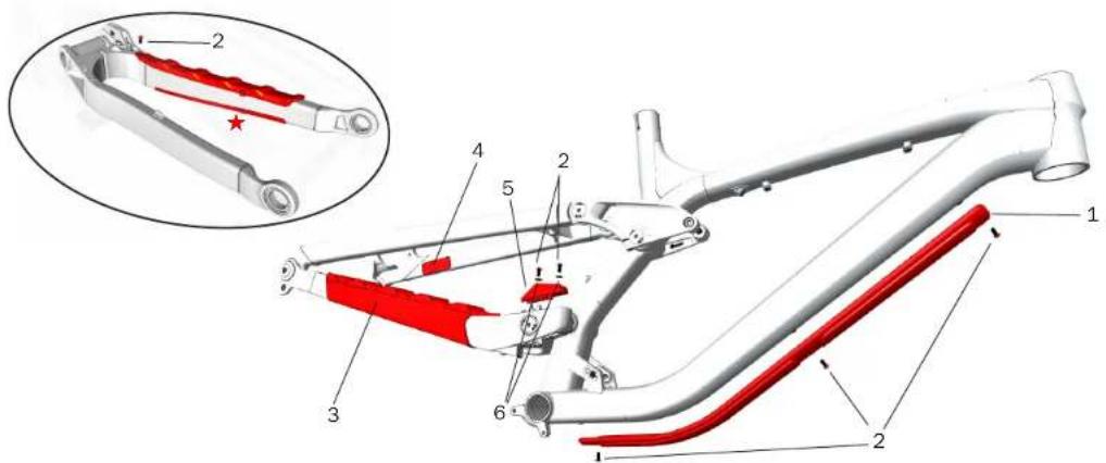 Technical diagram of a mechanical linkage assembly with numbered parts and an inset showing a bracket labeled '2' and a star symbol.