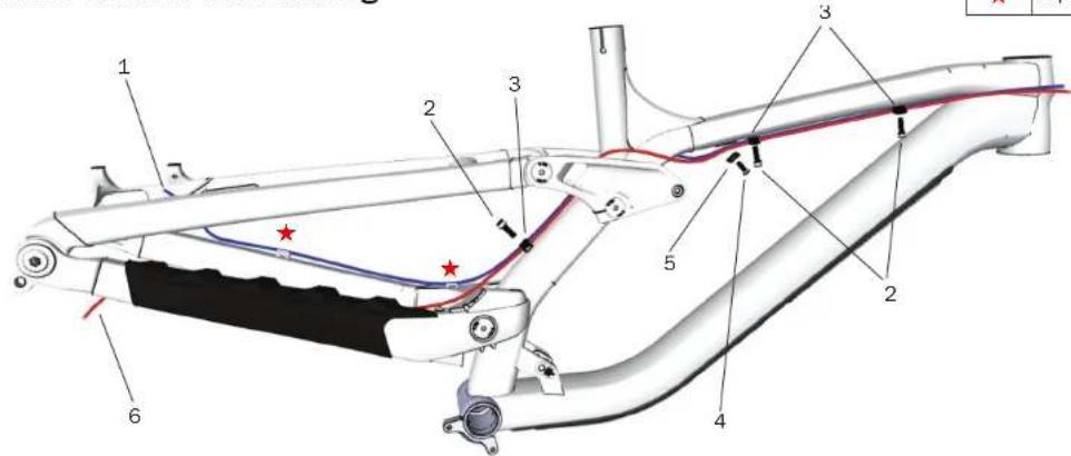 Technical diagram of a mechanical assembly with numbered components and red star markers indicating features.