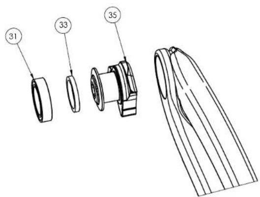 Technical diagram showing exploded views of a mechanical component with numbered parts labeled 31, 33, and 35.