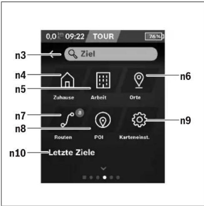 0,0 km 09:22 TOUR 76% n3 Ziel n4 Zuhause Arbeit Orte n5 n6 n7 8 n9 n8 Routen POI Karteneinst. n10 Letzte Ziele