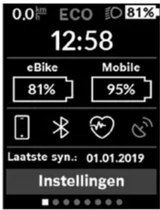 0.0 km h ECO 81% 12:58 eBike 81% Mobile 95% Laatste syn.: 01.01.2019 Instellingen