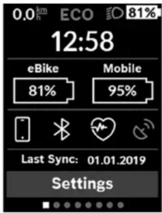0.0 km h ECO 81% 12:58 eBike 81% Mobile 95% Last Sync: 01.01.2019 Settings