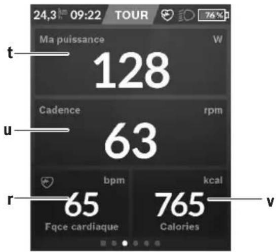 24,3 km 09:22 TOUR Ma puissance W 128 Cadence rpm u 63 r 65 bpm kcal Fqce cardiaque 765 Calories v