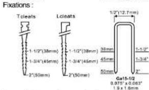 Fixations : Teleats Lcleats 1-1/2"(38mm) 1-3/4"(45mm) 2"(50mm) 1-1/2"(38mm) 1-3/4"(45mm) 2"(50mm) 38mm 45mm 50mm 1-1/2" 1-3/4" Ga15-10 0.075" x 0.083" 1.9 x 1.6mm
