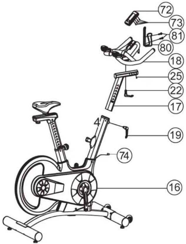 Technical diagram of an exercise bike with numbered parts for identification