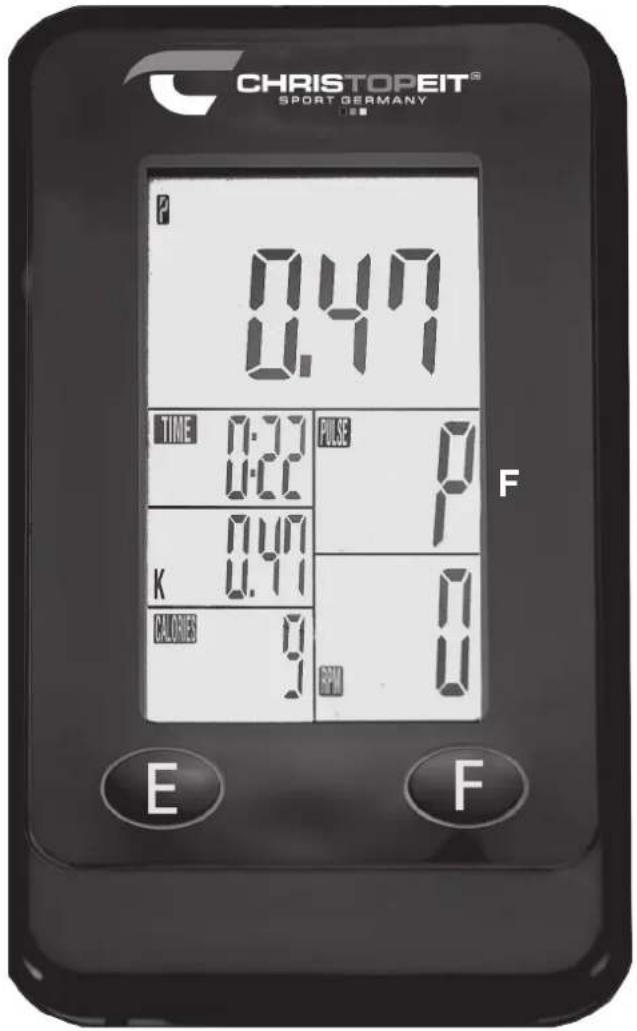 CHRISTOPEIT® SPORT GERMANY P 0.47 TIME 0:37 0:22 K 0.47 CALORIES 9 PULSE 0 1 0 0 E F