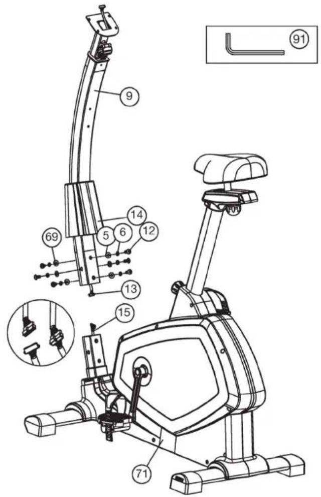 Technical diagram of a stationary exercise machine with numbered components and exploded view