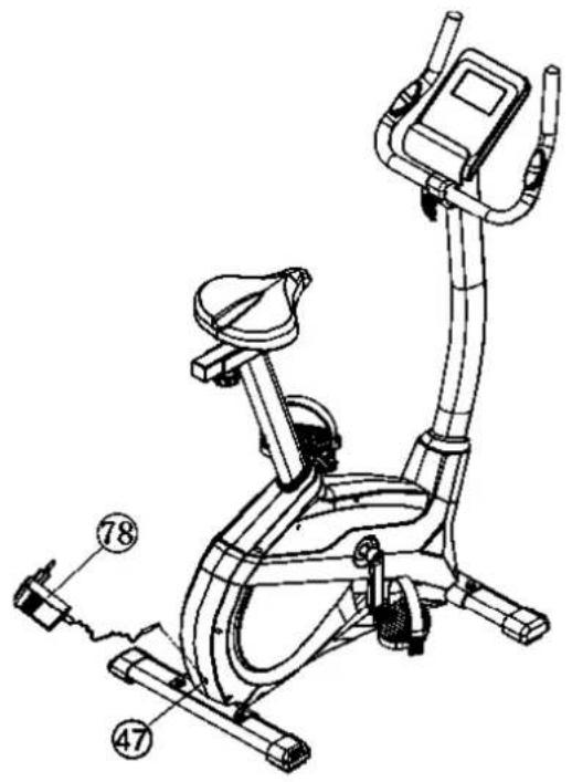 Technical diagram of an exercise bike with labeled parts including seat, armrest, and leg support