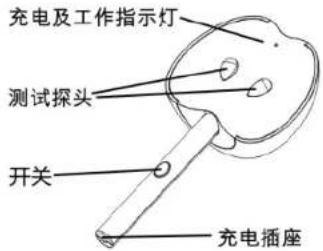 充电及工作指示灯 测试探头 开关 充电插座