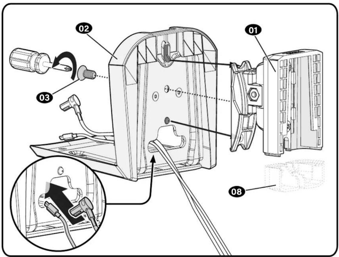 Technical diagram of a device assembly with labeled parts and an inset showing internal components like plug, cable, and connector.