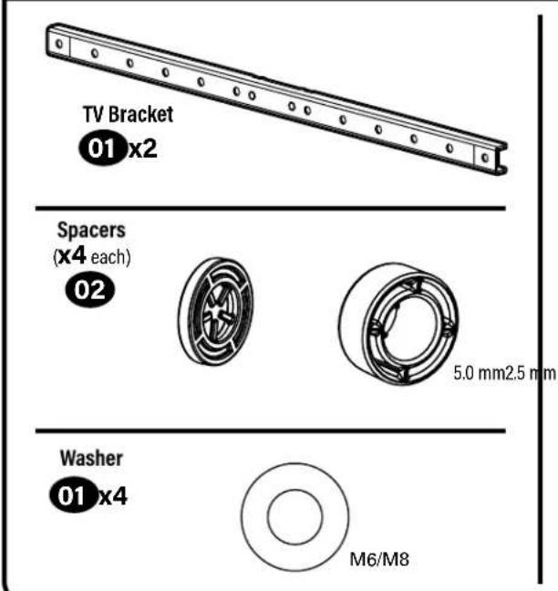 TV Bracket 01 x2 Spacers (x4 each) 02 5.0 mm2.5 mm Washer 01 x4 M6/M8