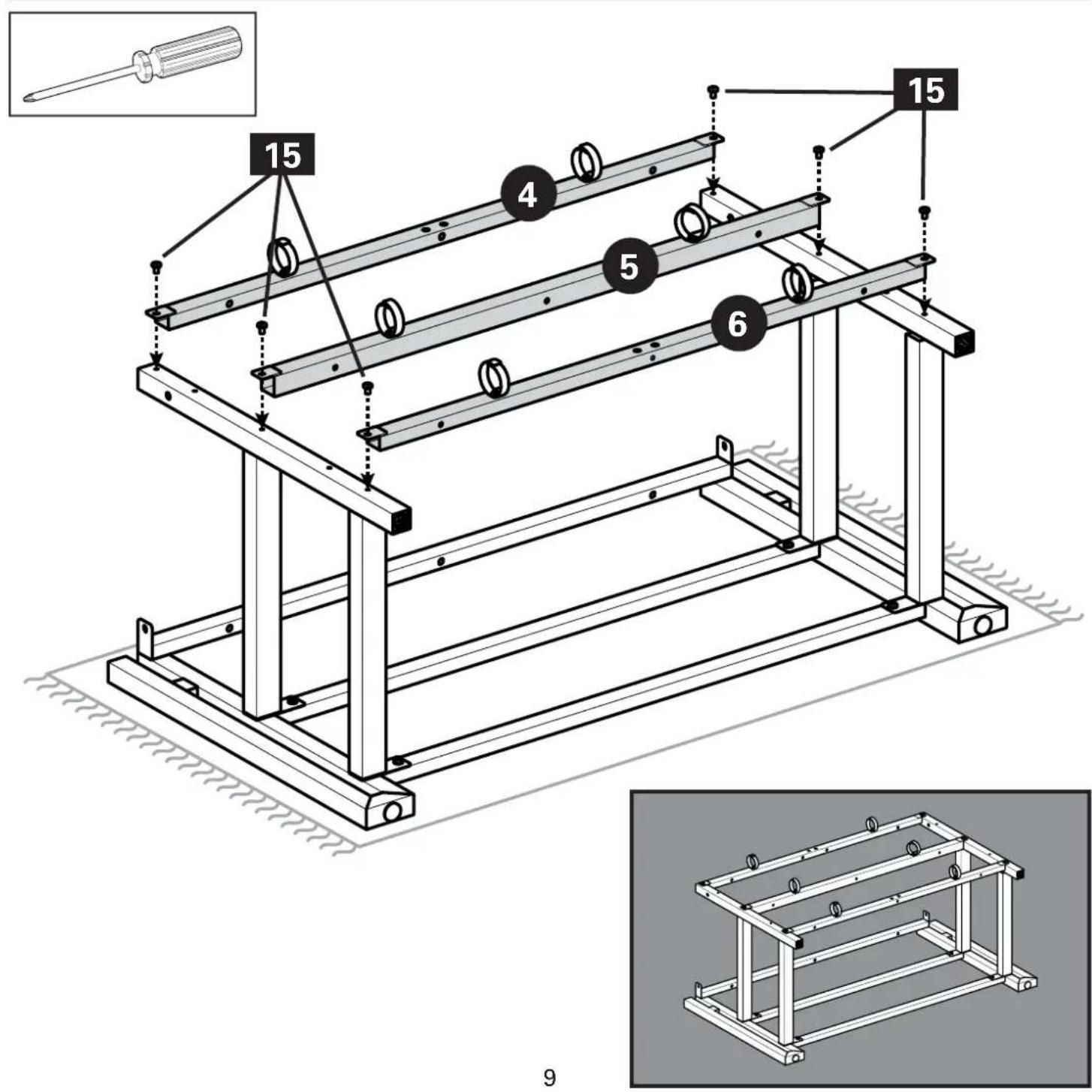 Technical diagram of a mechanical assembly with numbered components and an inset showing a screwdriver tool.