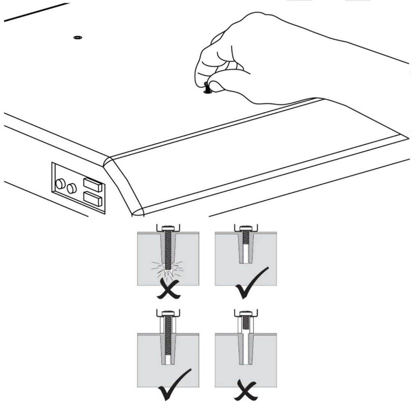 Diagram illustrating a hand holding a screwdriver above a device panel, with four labeled states showing different states of inspection or testing.