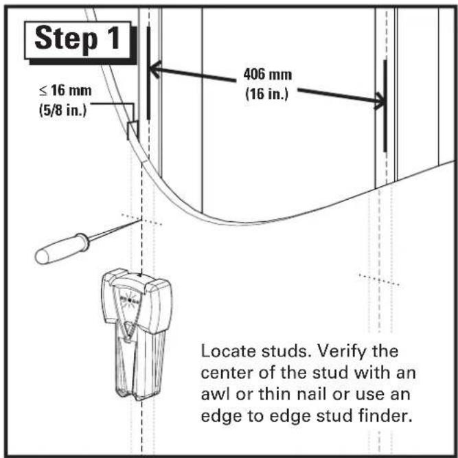 Step 1 ≤ 16 mm (5/8 in.) 406 mm (16 in.) Locate studs. Verify the center of the stud with an awl or thin nail or use an edge to edge stud finder.
