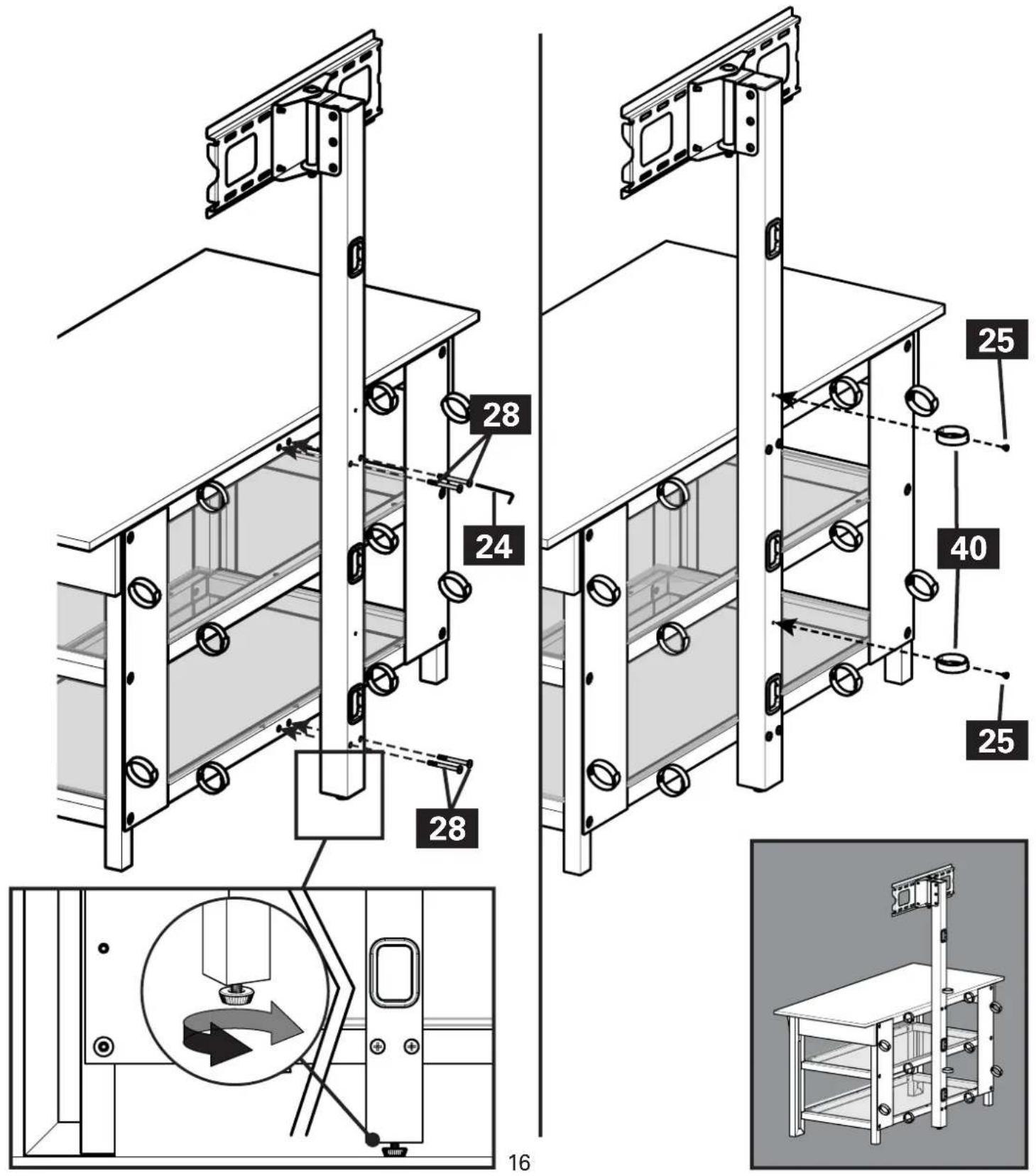 Technical diagram of a multi-level elevator shaft assembly with numbered components and a close-up view of the internal mechanism.