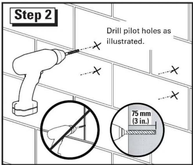 Step 2 Drill pilot holes as illustrated. 75 mm (3 in.)
