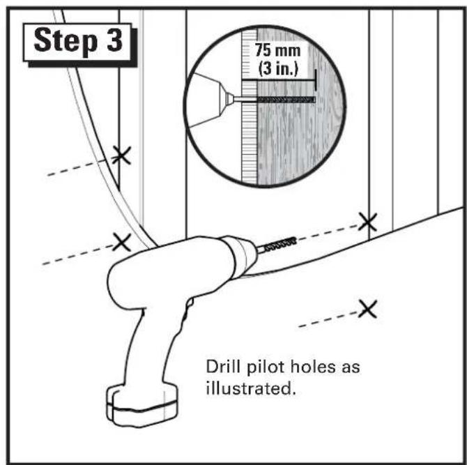 Step 3 75 mm (3 in.) Drill pilot holes as illustrated.