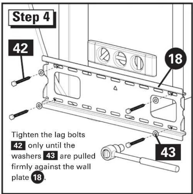 Step 4 42 18 Tighten the lag bolts 42 only until the washers 43 are pulled firmly against the wall plate 18. 43