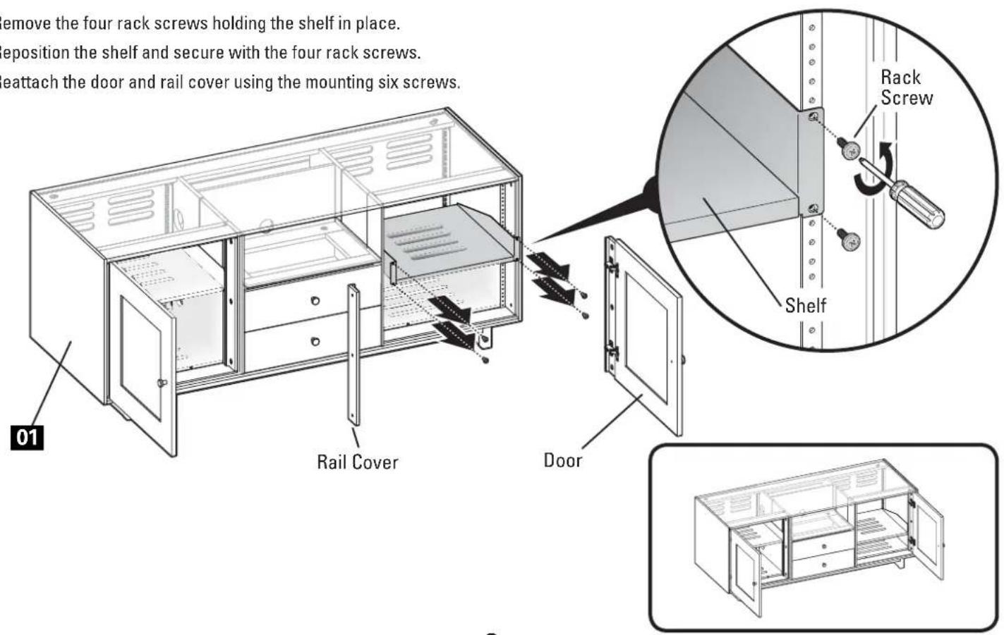 remove the four rack screws holding the shelf in place. eposition the shelf and secure with the four rack screws. eattach the door and rail cover using the mounting six screws. 01 Rail Cover Door Rack Screw Shelf