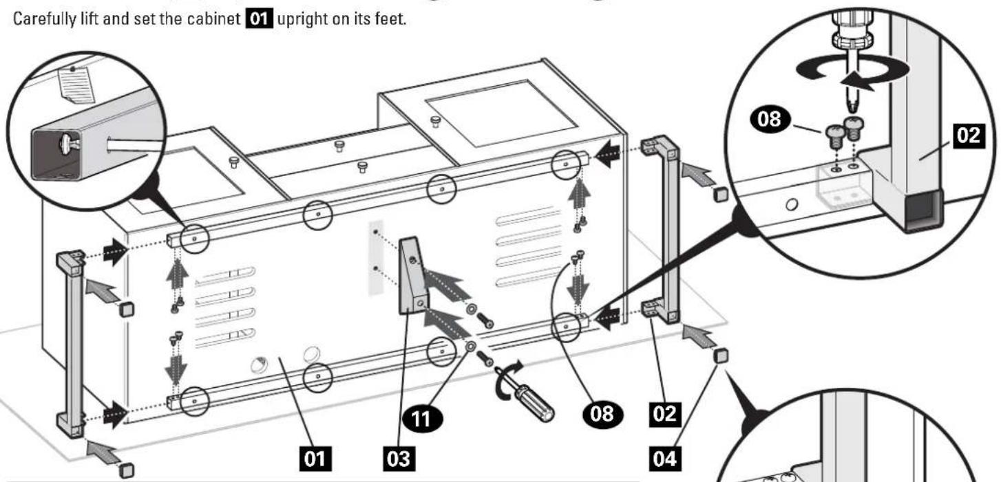 Carefully lift and set the cabinet 01 upright on its feet. 08 02 08 02 04 03 11 01