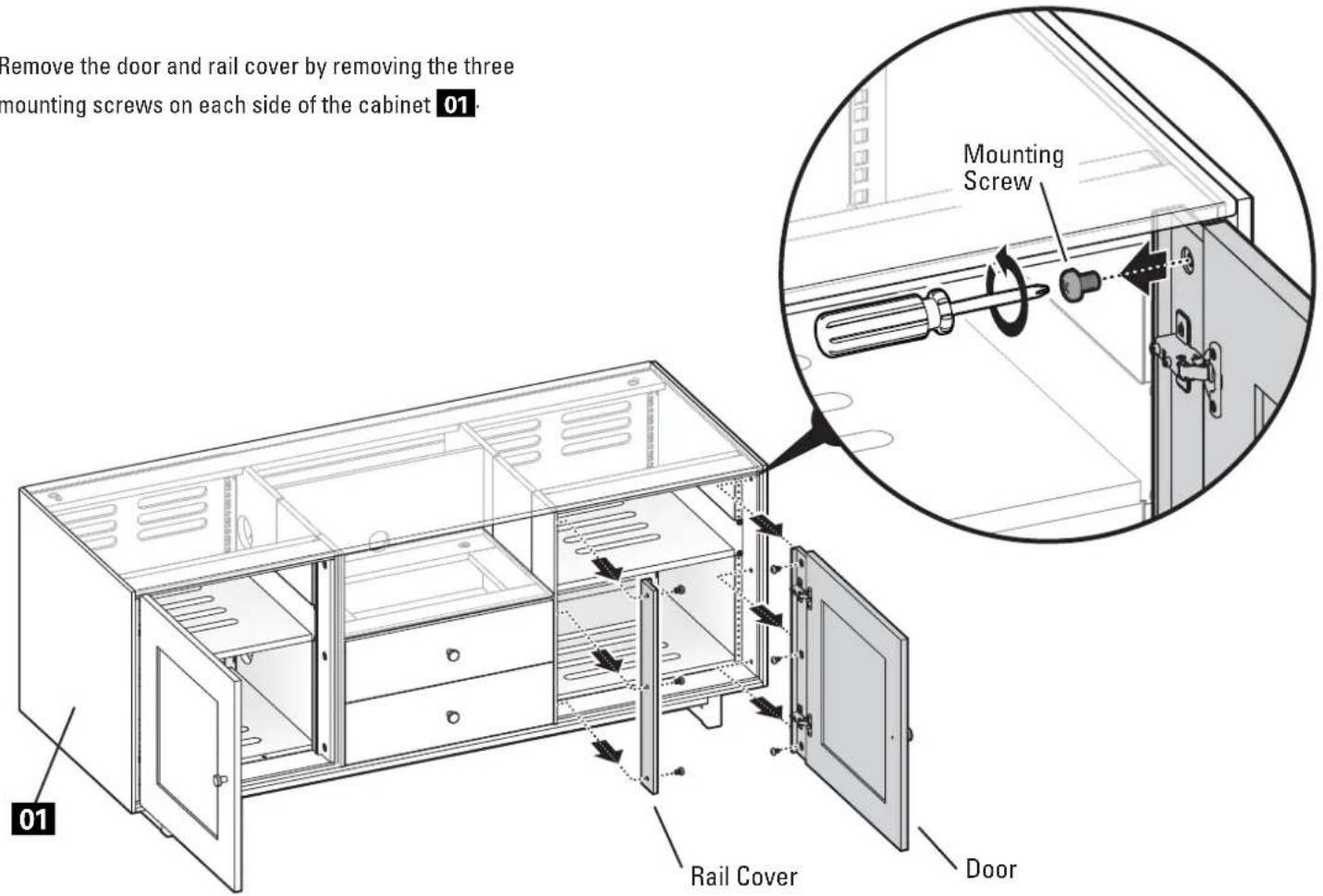 Remove the door and rail cover by removing the three mounting screws on each side of the cabinet 01 Mounting Screw 01 Rail Cover Door