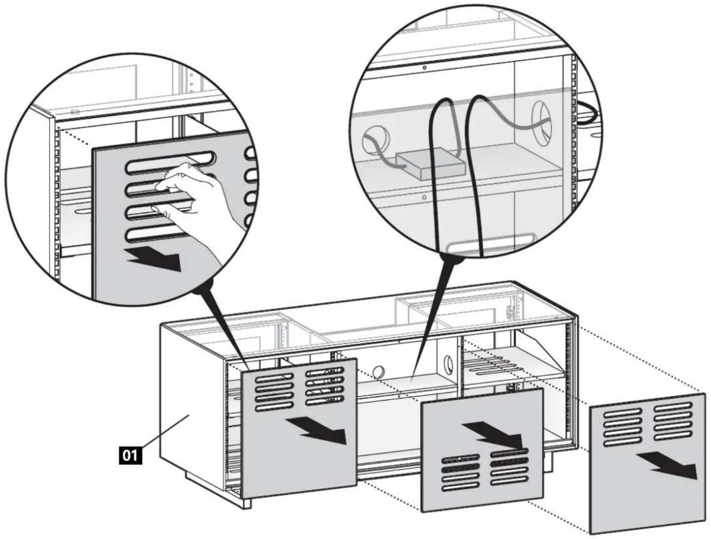 Diagram illustrating server rack configuration with labeled components and directional arrows indicating data flow or movement.