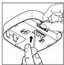 Diagram showing a hand pressing a button on a device with labeled parts and an upward arrow indicating motion or force.