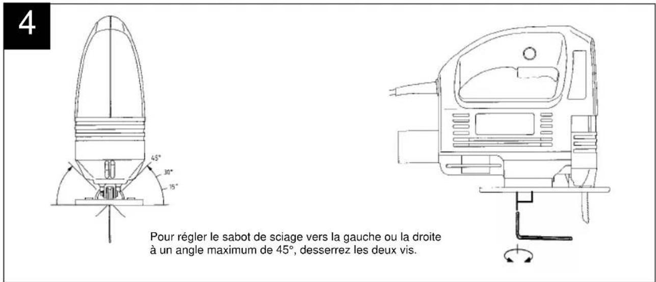 4 Pour régler le sabot de sciage vers la gauche ou la droite à un angle maximum de 45°, desserrez les deux vis.