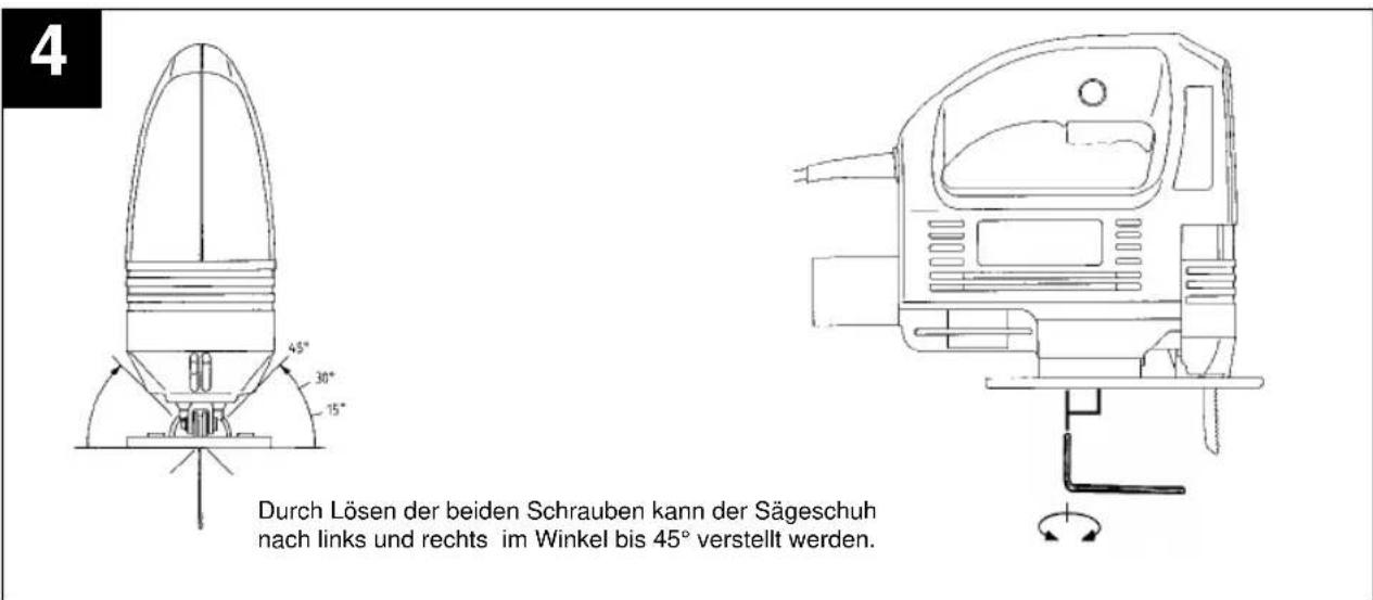 4 45° 30° 15° Durch Lösen der beiden Schrauben kann der Sägeschuh nach links und rechts im Winkel bis 45° verstellt werden.