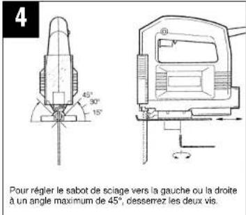 Pour régler le sabot de sciage vers la gauche ou la droite à un angle maximum de 45°, desserrez les deux vis.