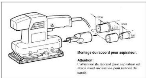 Montage du raccord pour aspirateur. Attention! L'utilisation du raccord pour aspirateur est absolument nécessaire pour raisons de santé.