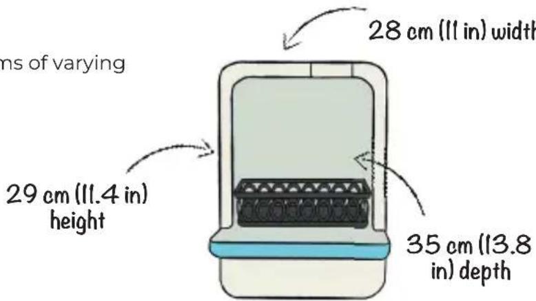 Daan Tech Bob - The dimensions of Bob's interior are the following: 29 cm (11.4 in) height / 28 cm (11 in) width / 35 cm (13.8 in)depth - 1