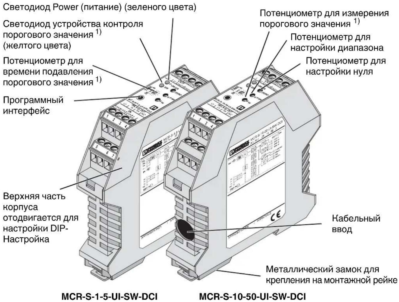 Светодиод Power (питание) (зеленого цвета) Светодиод устройства контроля порогового значения¹) (желтого цвета) Потенциометр для времени подавления порогового значения¹) Программный интерфейс Верхняя часть корпуса отодвигается для настройки DIP- Настройка Потенциометр для измерения порогового значения¹) Потенциометр для настройки диапазона Потенциометр для настройки нуля Кабельный ввод Металлический замок для крепления на монтажной рейке MCR-S-1-5-UI-SW-DCI MCR-S-10-50-UI-SW-DCI