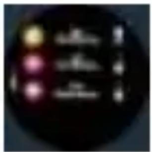 Cropped image showing a circular black background with three vertical color-coded symbols: yellow, pink, and white.