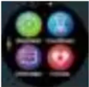 Circular icon displaying six colored circular icons with text labels below each, likely representing a brand or product.