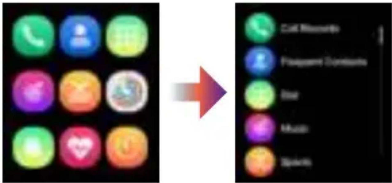 Comparison image showing a smartphone home screen with app icons and a rightward arrow pointing to a list of apps including Call History, Popularity Downloads, Door, Music, and Sports.
