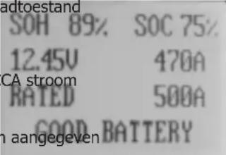 adtoestand SOH 89% SOC 75% 12.45V 470A CA stroom RATED 500A GOOD BATTERY n aangegeven