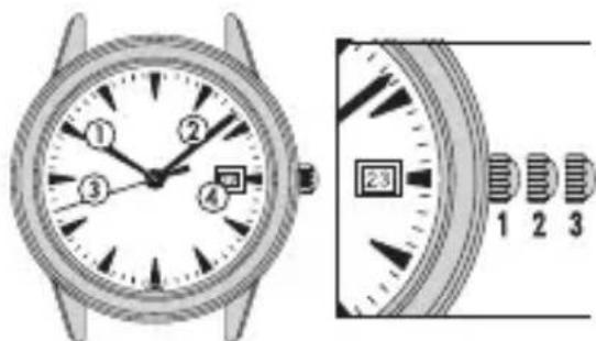 Technical diagram of a wristwatch with numbered dial and close-up view showing dial settings