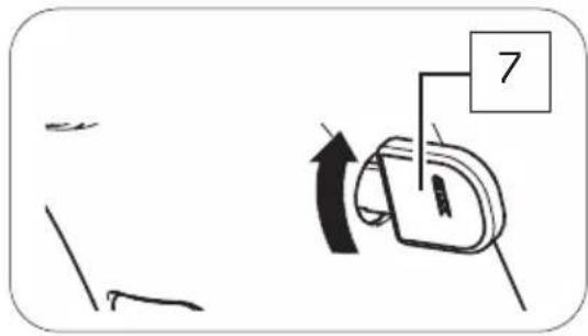 Diagram showing a mechanical or electrical component with an arrow indicating rotation and a label '7' pointing to it.