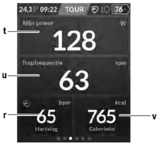 24,3 09:22 TOUR 76 Mijn power W 128 Trapfrequentie rpm 63 r 65 Hartslag 765 Calorieén v