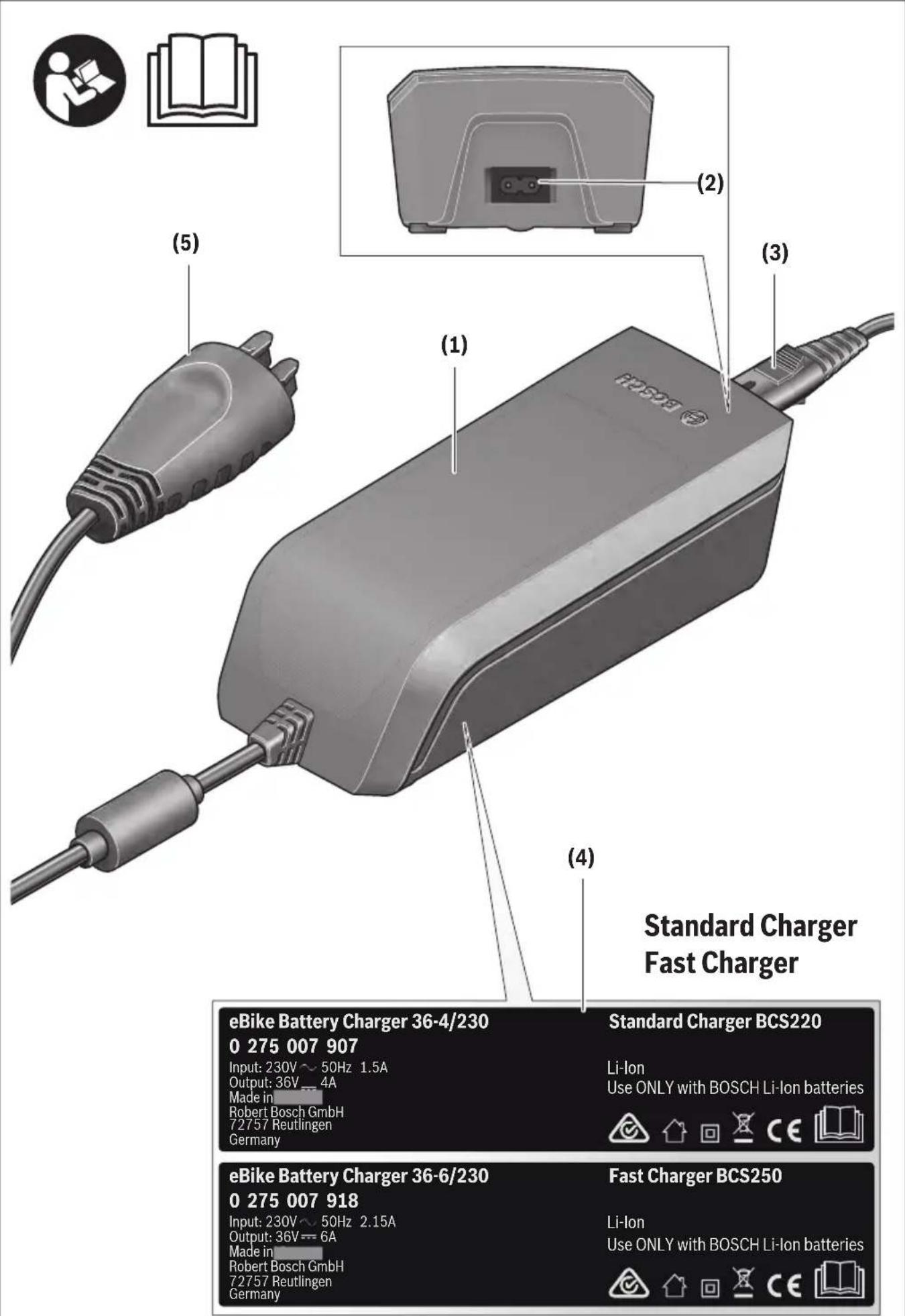 Standard Charger Fast Charger eBike Battery Charger 36-4/230 0 275 007 907 Input: 230V ~ 50Hz 1.5A Output: 36V ~ 4A Made in Robert Bosch GmbH 72757 Reutlingen Germany Standard Charger BCS220 Li-Ion Use ONLY with BOSCH Li-Ion batteries eBike Battery Charger 36-6/230 0 275 007 918 Input: 230V ~ 50Hz 2.15A Output: 36V ~ 6A Made in Robert Bosch GmbH 72757 Reutlingen Germany Fast Charger BCS250 Li-Ion Use ONLY with BOSCH Li-Ion batteries